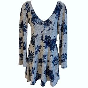 NWT Altar’d State Long Bell Sleeve Floral Mini Dress V Neck Gray Blue Pullover S